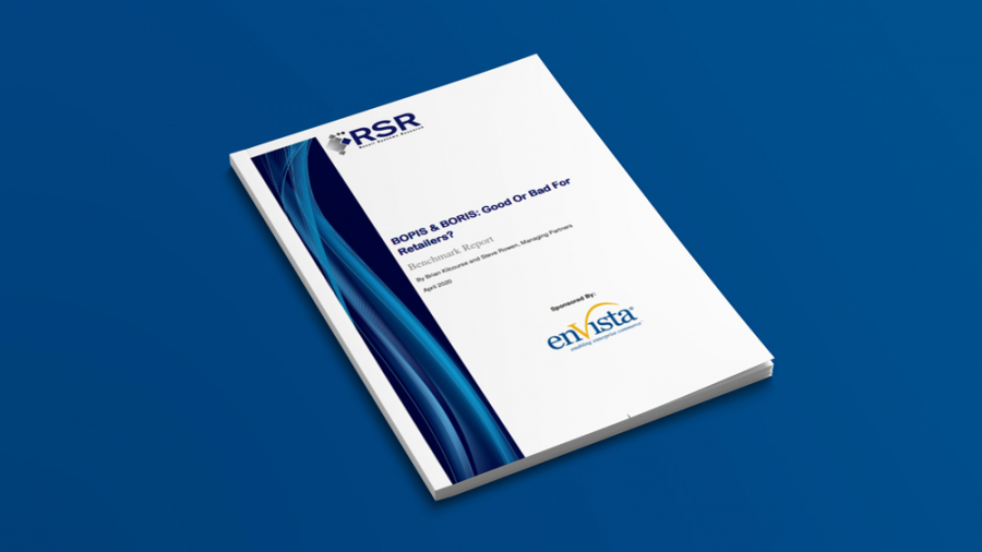 A white report booklet with a blue abstract design on the cover sits on a blue surface. The cover includes RSR and enVista logos and text titled BOPIS & BORIS: Good Or Bad For Retailers?.