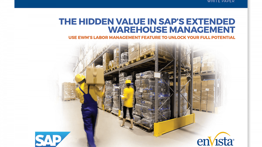 Cover of a white paper titled The Hidden Value in SAP’s Extended Warehouse Management. Two workers in yellow vests and helmets handle boxes in a warehouse. Logos for SAP and enVista are shown.