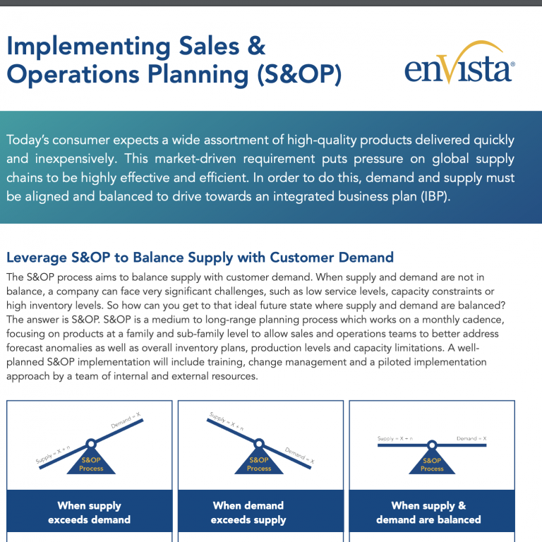 A business flyer titled Implementing Sales and Operations Planning (S&OP) explains aligning supply and demand, featuring text blocks and diagrams comparing scenarios with supply and demand imbalances versus balanced Sales and Operations Planning.