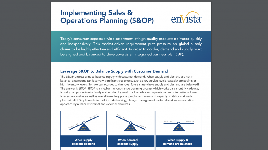 A business flyer titled Implementing Sales and Operations Planning (S&OP) explains aligning supply and demand, featuring text blocks and diagrams comparing scenarios with supply and demand imbalances versus balanced Sales and Operations Planning.