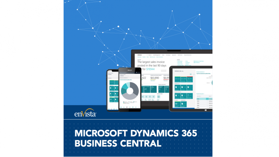 Illustration of various digital devices displaying dashboards and charts, set against a blue background with network lines and dots. Text reads enVista and Dynamics 365 Business Central, highlighting the power of D365 Business Central solutions.