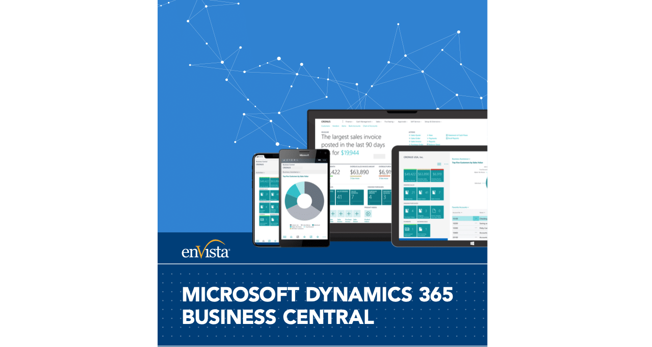 Illustration of various digital devices displaying dashboards and charts, set against a blue background with network lines and dots. Text reads enVista and Dynamics 365 Business Central, highlighting the power of D365 Business Central solutions.