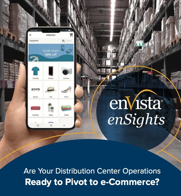 A hand holds a smartphone displaying an online shopping app in a large warehouse with shelves of boxes. Text reads: “Are Your Distribution Center Operations Ready to Pivot to e-Commerce? enVista enSights.”.