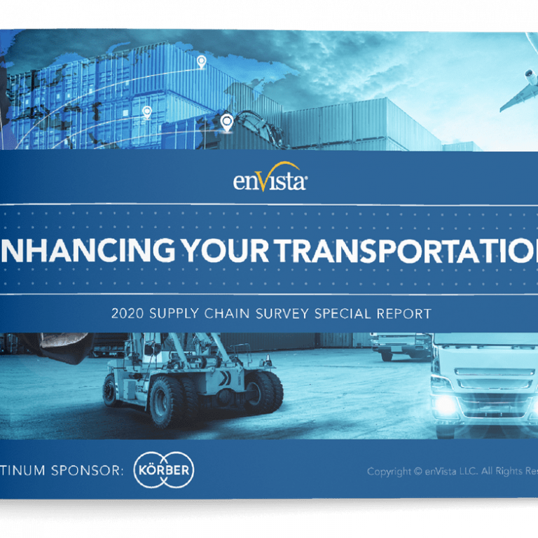 Cover of a report titled Enhancing Your Transportation: 2020 Supply Chain Survey Special Report by enVista, featuring images of containers, trucks, a plane, and warehouse, with Körber as platinum sponsor.