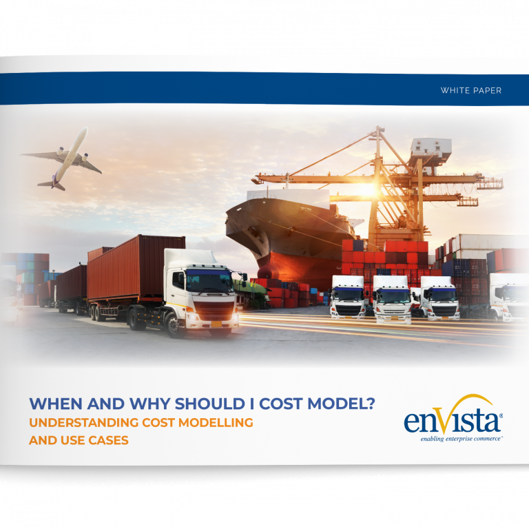 Cover of a white paper titled When and Why Should I Cost Model? featuring images of a cargo ship, shipping containers, trucks, and an airplane, with the enVista logo at the bottom right corner.
