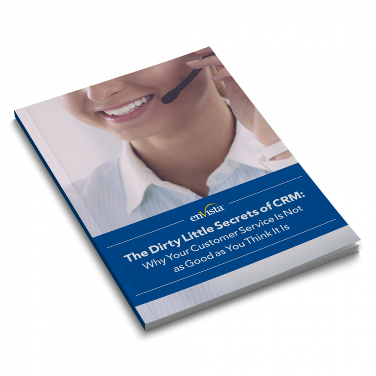 A book titled The Dirty Little Secrets of CRM: Why Your Customer Service is Not as Good as You Think It Is, featuring a cover image of a smiling woman wearing a headset, explores hidden pitfalls even with tools like Dynamics 365 Field Service.