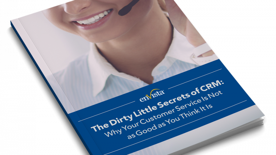 A book titled The Dirty Little Secrets of CRM: Why Your Customer Service is Not as Good as You Think It Is, featuring a cover image of a smiling woman wearing a headset, explores hidden pitfalls even with tools like Dynamics 365 Field Service.