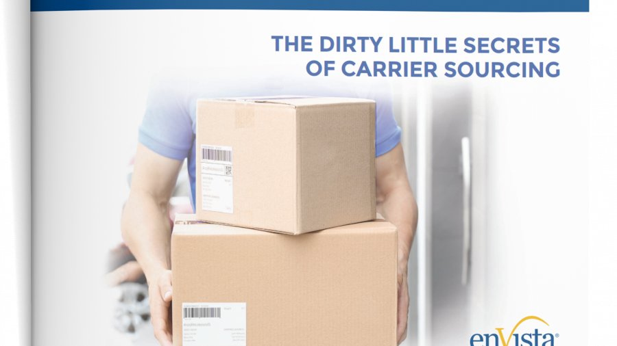 A person in a light blue shirt holds two stacked shipping boxes in front of their torso. Text reads: The Dirty Little Secrets of Carrier Sourcing. enVista logo appears in the bottom right corner.