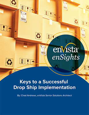 Stacked cardboard shipping boxes with recycling symbols and barcodes. In the foreground is a blue banner with the text enVista enSights: Keys to a Successful Drop Ship Implementation by Chad Andrews.