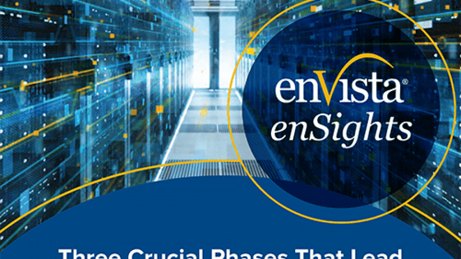 A digital cover page titled Three Crucial Phases That Lead to a Successful BI Investment by Mark Sullivan. The background shows a data center with bright yellow and blue lights and the enVista enSights logo.
