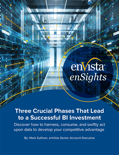 A digital cover page titled Three Crucial Phases That Lead to a Successful BI Investment by Mark Sullivan. The background shows a data center with bright yellow and blue lights and the enVista enSights logo.