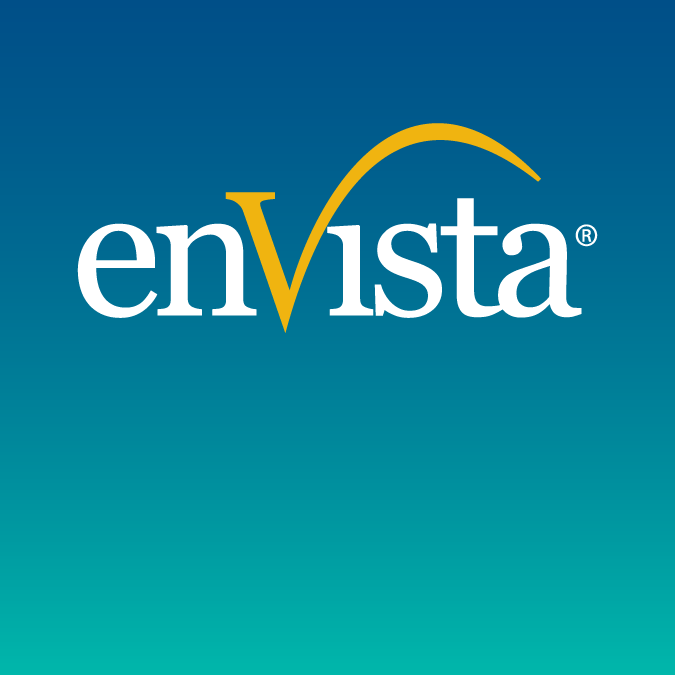 The enVista logo with white lowercase letters on a blue-to-teal gradient background; a gold curved line extends from the V over the i in the word.