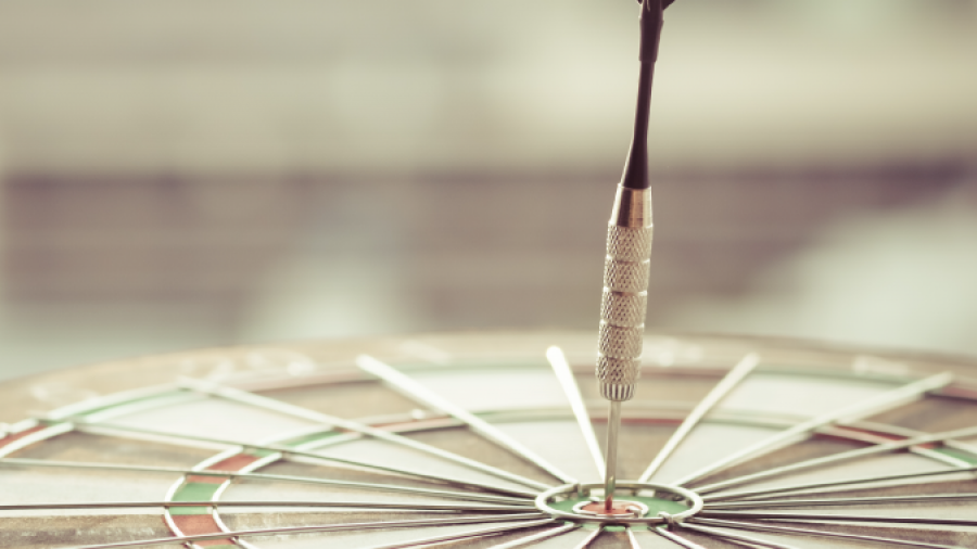 A close-up of a dartboard with a single dart perfectly hitting the bullseye, symbolizing accuracy and success. The background is blurred, drawing focus to the dart and the dartboard.