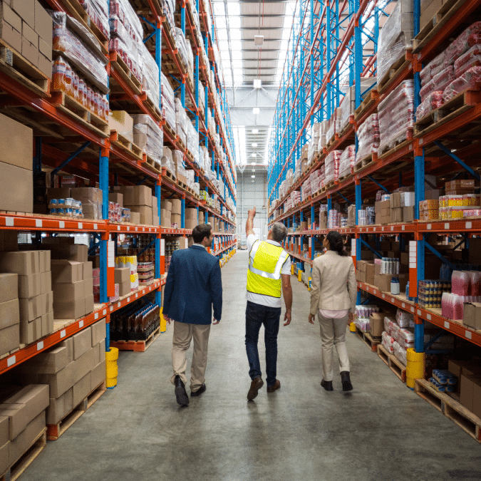 Three people walk down a wide aisle in a large warehouse filled with tall shelves stacked with boxes and goods. One person wears a fluorescent safety vest; the others wear business attire.