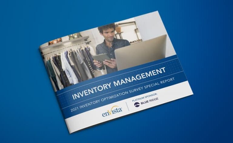 A brochure titled Inventory Management features a man using a tablet and computer in a clothing store. The cover notes its a 2021 survey special report sponsored by enVista and Blue Ridge, set against a blue background.