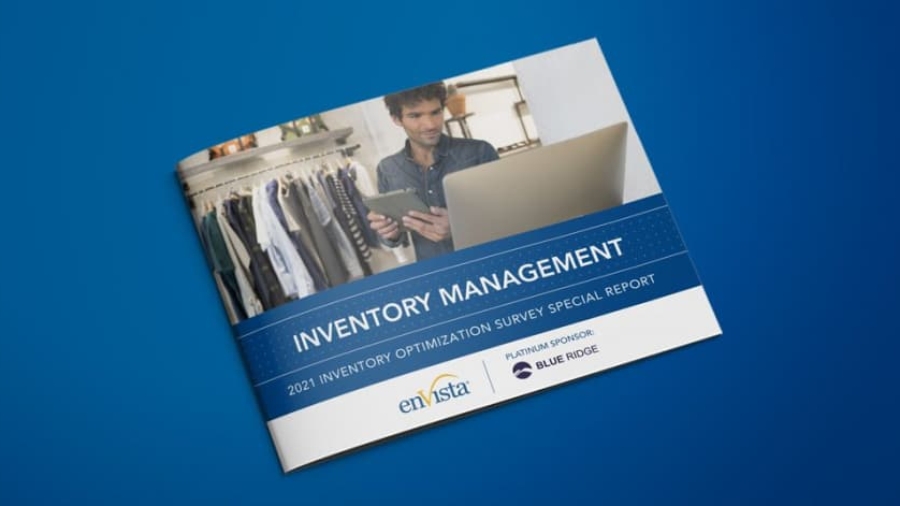 A brochure titled Inventory Management features a man using a tablet and computer in a clothing store. The cover notes its a 2021 survey special report sponsored by enVista and Blue Ridge, set against a blue background.