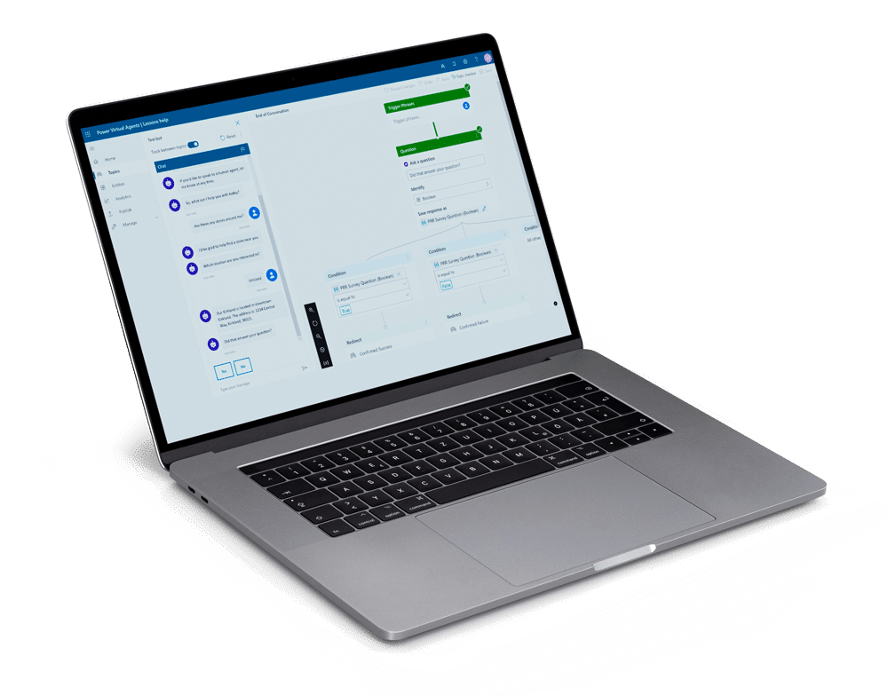 A silver laptop on a white surface displays a flowchart and form interface, suggesting workflow or automation software like Microsoft Power Virtual Agents is open.