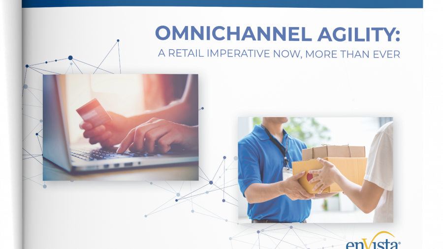 White paper cover titled Omnichannel Agility: A Retail Imperative Now, More Than Ever, with images of hands typing on a laptop with a credit card and a courier handing a box to a customer.