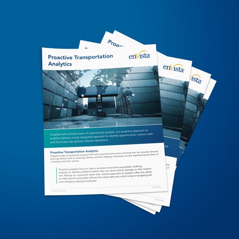 A stack of brochures titled Proactive Transportation Analytics by enVista, featuring a warehouse with a digital world map overlay on the cover, set against a solid blue background.