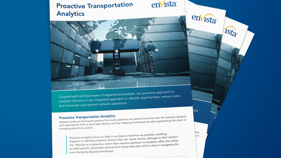 A stack of brochures titled Proactive Transportation Analytics by enVista, featuring a warehouse with a digital world map overlay on the cover, set against a solid blue background.