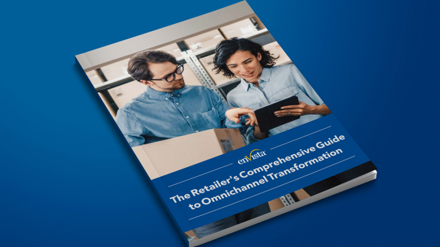 A book titled The Retailers Comprehensive Guide to Omnichannel Transformation lies on a blue surface. The cover shows two people in a warehouse, one holding a digital tablet and the other checking a cardboard box—perfect for those exploring digital commerce consulting.