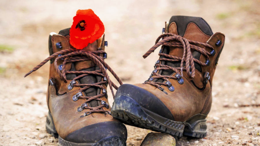 A pair of worn brown hiking boots sits on a dirt path, with a bright red poppy flower tucked into one of the boots laces.