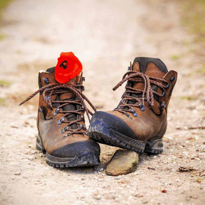 A pair of worn brown hiking boots sits on a dirt path, with a bright red poppy flower tucked into one of the boots laces.