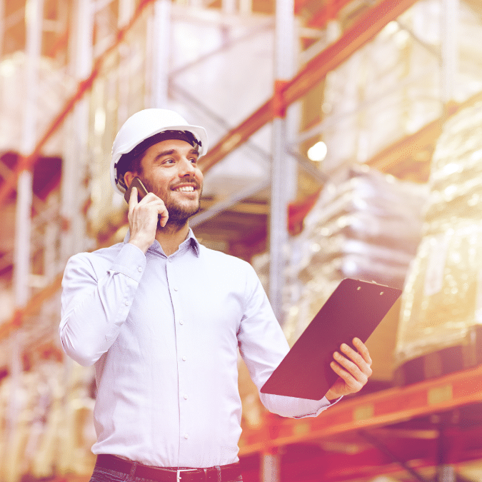 A man wearing a white safety helmet stands in a warehouse, smiling while talking on a phone and holding a clipboard. Tall shelves with boxes and packages are visible in the background.