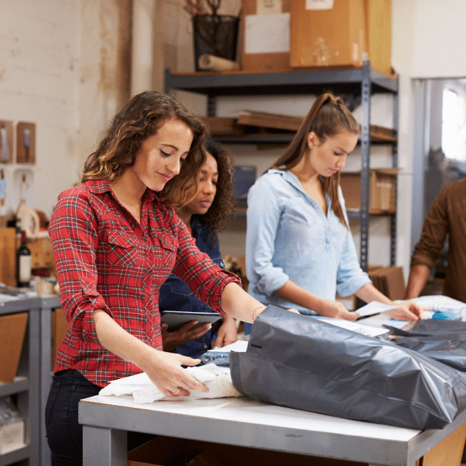 Three women stand at a table in a workspace, sorting and packing clothing items into bags. Shelves with boxes and supplies are in the background. They appear focused and engaged in their task.