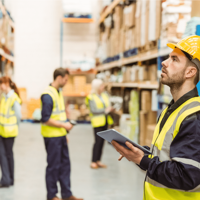 A man in a yellow safety vest and hard hat holds a tablet and looks up in a warehouse, while other workers in safety gear are seen working in the background among shelves of boxes.