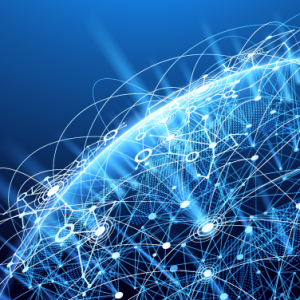 A glowing digital globe with interconnected lines and network nodes, set against a blue background, symbolizing global communication and technology.