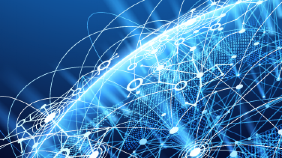 A glowing digital globe with interconnected lines and network nodes, set against a blue background, symbolizing global communication and technology.