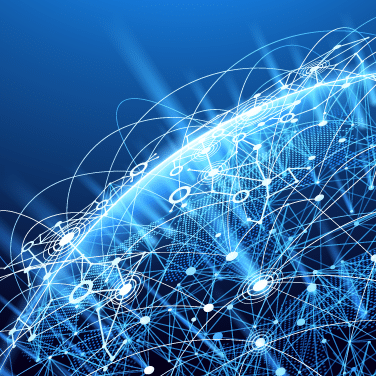 A glowing digital globe with interconnected lines and network nodes, set against a blue background, symbolizing global communication and technology.