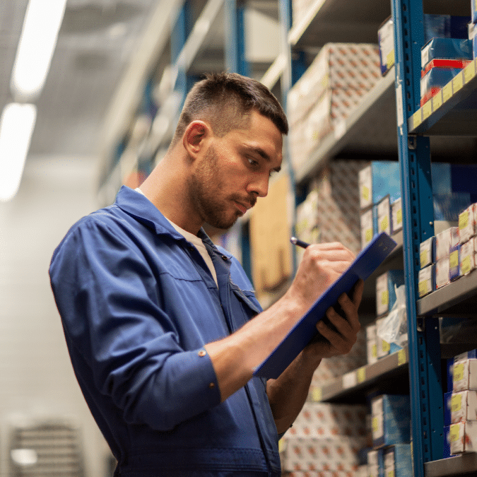 A man in a blue work uniform writes on a clipboard while standing in front of shelves filled with boxes in a storage or warehouse setting.