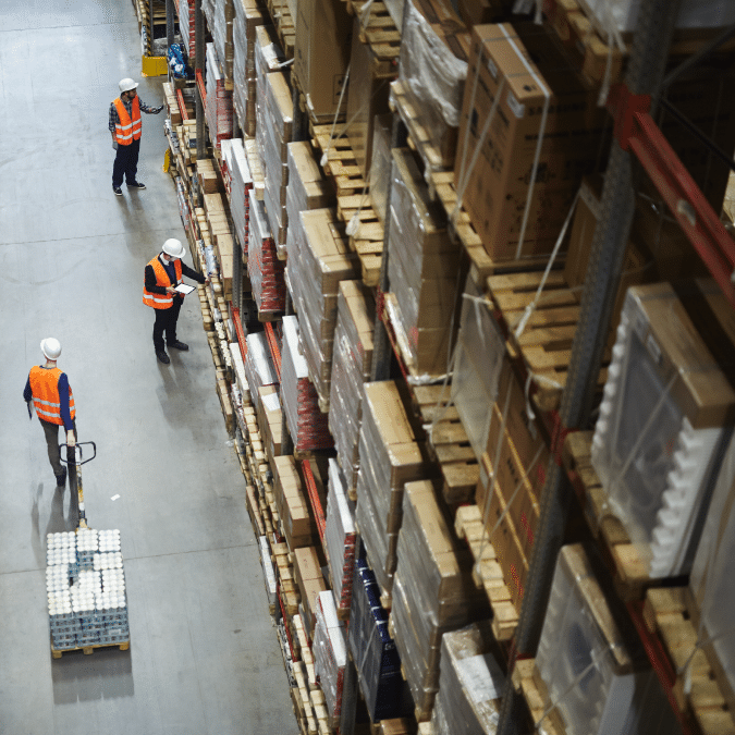 A warehouse with tall shelves stacked with boxes and three workers in safety vests and helmets. One worker is moving a pallet jack while two others are checking inventory on clipboards.