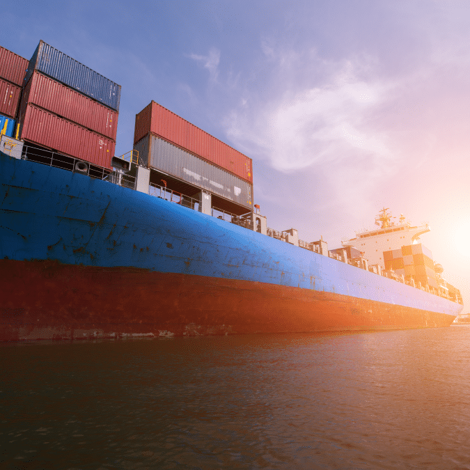 A large cargo ship loaded with colorful shipping containers sails on calm water at sunset, with the sun glowing in the background.