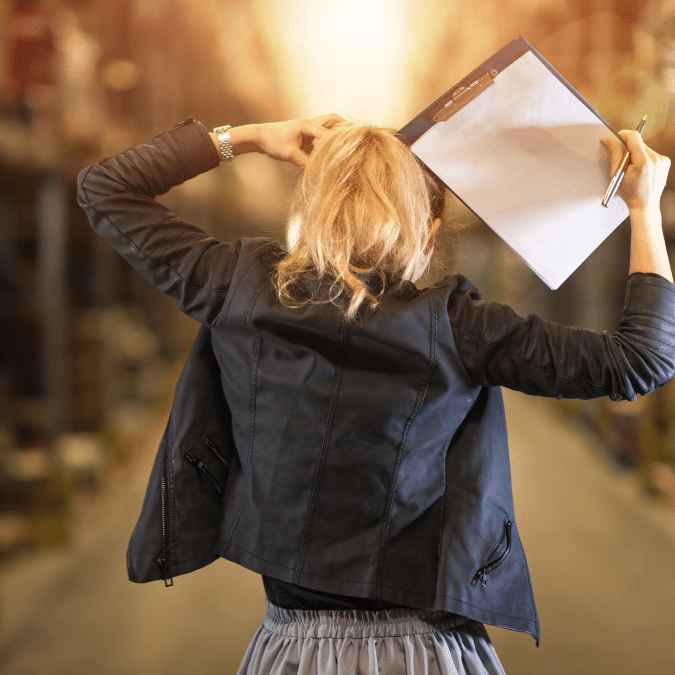 A woman with blonde hair, seen from behind, stands in a warehouse aisle holding a clipboard and pen, scratching her head as if puzzled or thinking. She wears a black jacket and a gray skirt.