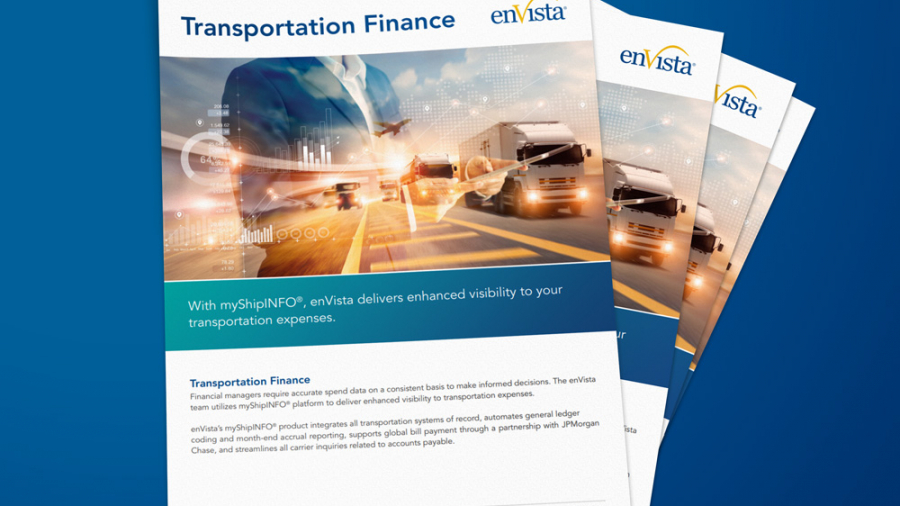 Three stacked brochures on a blue background, titled Transportation Finance by enVista, featuring an image of trucks and a cargo ship overlayed with digital graphics and text about transportation expenses.