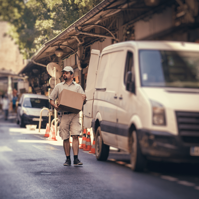 A delivery person in a khaki uniform and cap carries a cardboard box along a city street beside a white van parked by the curb on a sunny day. Traffic cones are set up near the vehicles.