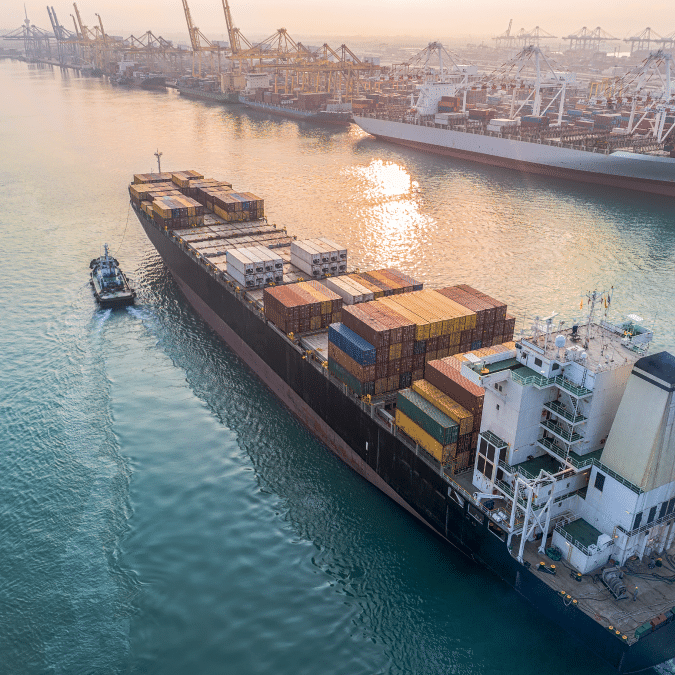 A large cargo ship loaded with colorful shipping containers sails through a busy port at sunset, accompanied by a small tugboat, with cranes and stacked containers visible along the waterfront.