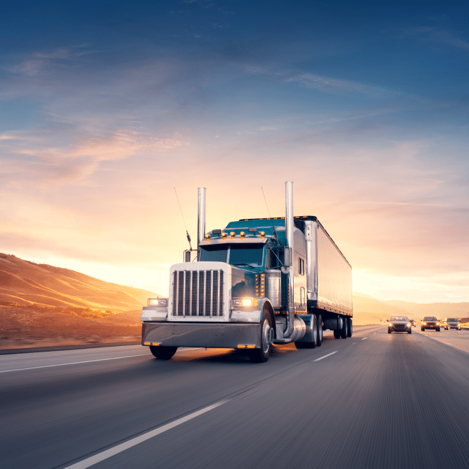 A large semi-truck drives down a highway at sunset, with other vehicles in the background and hills visible to the side under a colorful sky.