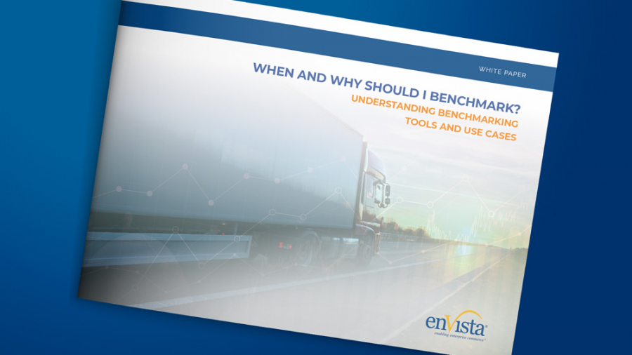 Angled view of a white paper titled “When and Why Should I Benchmark? Understanding Benchmarking Tools and Use Cases” with a semi-transparent truck image, the enVista logo, and a blue background, highlighting Business Intelligence Consulting.
