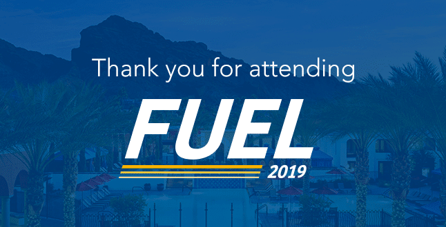 Blue graphic with palm trees and mountains in the background, overlaid text reads Thank you for attending FUEL 2019.