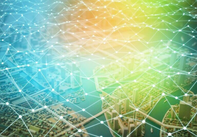 A cityscape seen from above is overlaid with a glowing, interconnected network of lines and nodes, symbolizing digital connectivity, smart city technology, and the seamless integration of the retail supply chain.