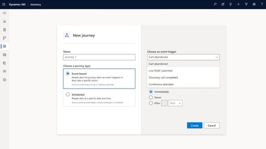 A Dynamics 365 Marketing screen displays options to create a new journey, with “Event based” selected as the journey type and “Cart abandoned” as the event trigger from the dropdown menu in Dynamics 365 Marketing.