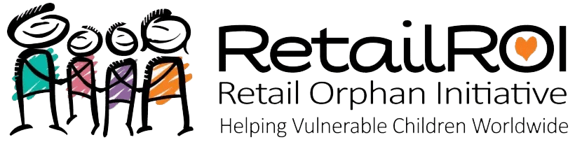 Logo for RetailROI (Retail Orphan Initiative) with four stylized stick-figure children holding hands, and the tagline “Helping Vulnerable Children Worldwide.” The O in ROI has a small orange heart inside.
