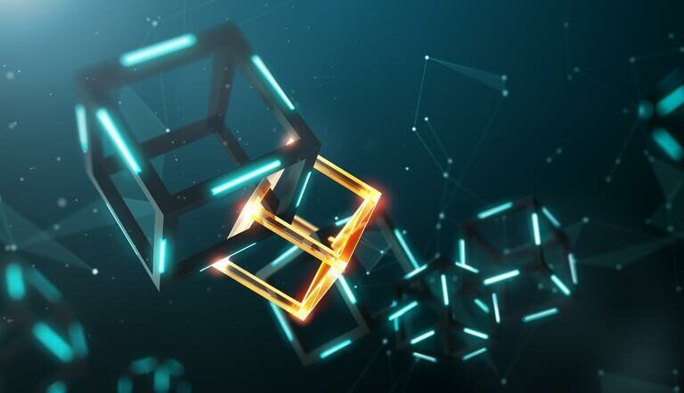A digital illustration of interconnected 3D cubes, with one glowing golden cube in the center, represents blockchain in supply chain on a dark, futuristic background with blue highlights and abstract nodes.