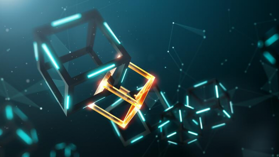 A digital illustration of interconnected 3D cubes, with one glowing golden cube in the center, represents blockchain in supply chain on a dark, futuristic background with blue highlights and abstract nodes.