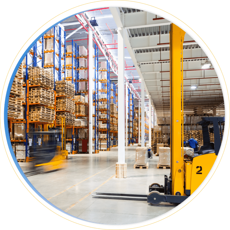 A bright, spacious warehouse showcases dc optimization with tall shelves stacked neatly. A yellow forklift moves swiftly, creating a motion blur, while another forklift is parked nearby. The organized scene reflects efficient distribution centre operations.