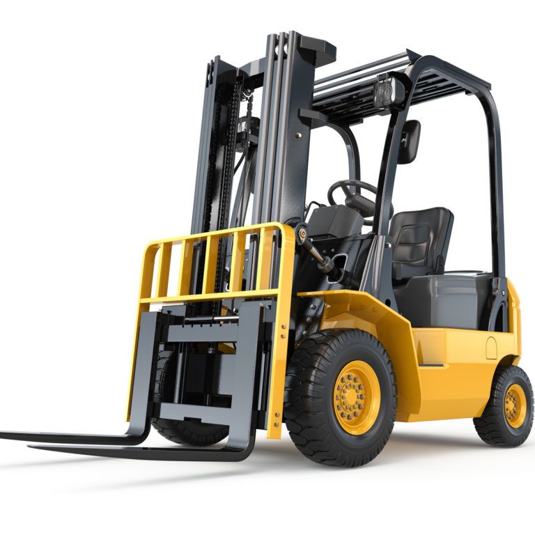 A yellow and black forklift, ideal for distribution centre optimization, is viewed from the front left side, featuring two large front forks, a protective cage around the driver’s seat, and heavy-duty tires, isolated on a white background.